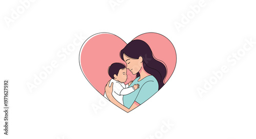 Loving mother holding and hugging her baby inside a large pink heart shape representing maternal care and affection.
