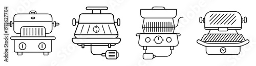 Outlined collection of various kitchen appliances for food preparation and cooking