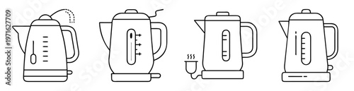 Line art illustration of four electric kettles with water level indicators