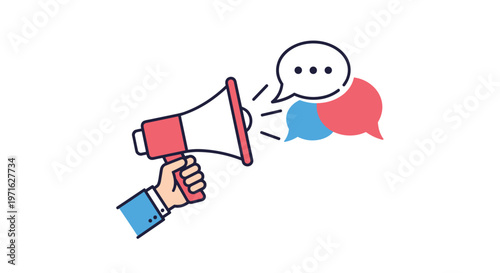 Hand holding a red megaphone with colorful speech bubbles representing communication, marketing, and public speaking concepts.