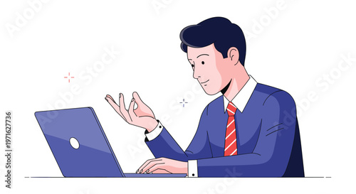 Professional businessman in a blue suit and red tie working diligently on his laptop computer while making a hand gesture.