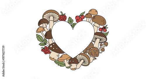 Heart shaped wreath composed of various wild mushrooms, raspberries, and forest leaves in a nature inspired botanical illustration.
