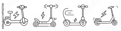 Line art illustration of four electric scooters with various designs and styles