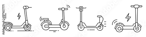 Group of four minimalist line art electric scooters in a row
