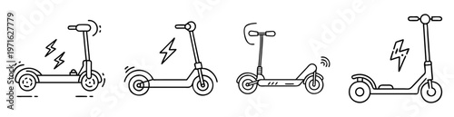 Four illustrations of modern electric kick scooters in black and white
