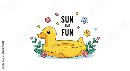 Yellow rubber duck pool float surrounded by colorful flowers and dots with Sun and Fun typography for bright summer vacation themes.