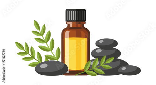 A soothing illustration of natural essential oil in an amber bottle, accompanied by smooth spa stones and fresh green leaves, promoting relaxation and wellness.