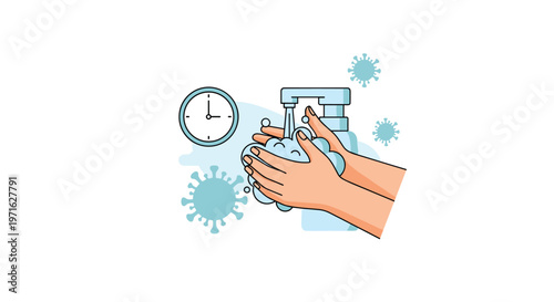 Hand washing illustration with soap bubbles, a clock for timing, and virus icons emphasizing hygiene and personal health safety standards.