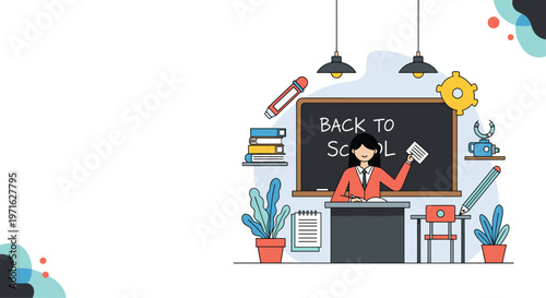 Smiling female teacher sitting at her desk in a classroom with a Back to School message on the chalkboard and school supplies.
