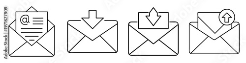 Four outline style mail icons depicting sending, receiving and incoming messages