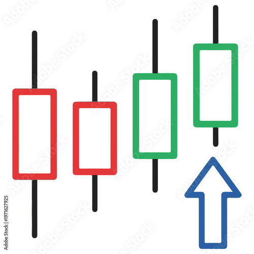 Minimalist Japanese candlestick chart with red and green bars and a blue upward arrow representing a bullish market trend reversal and financial growth for stock trading and crypto analysis.