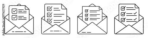 Envelopes with checklist documents showing confirmation or approval of tasks in line art
