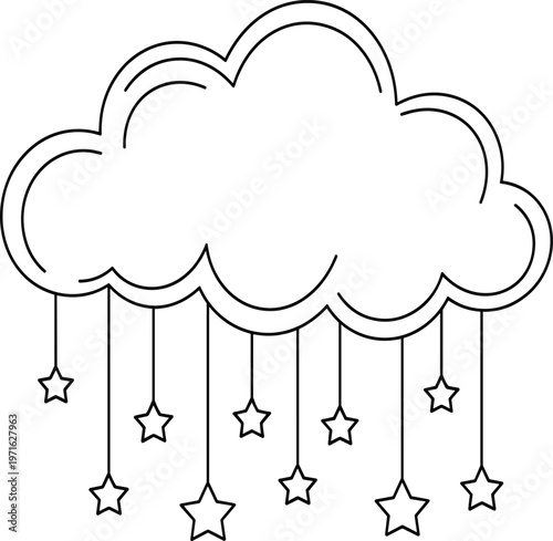 Black and white line of a cloud raining stars onto a row of houses line cloud d