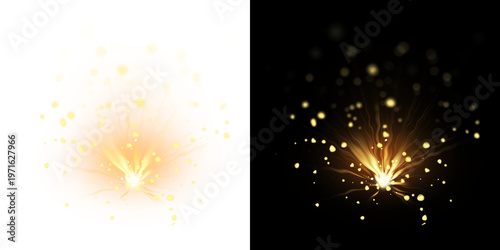 Beautiful glowing golden magic light burst explosion featuring upward shining energy rays, floating sparkling dust particles, and radiant bokeh dots, perfectly isolated on a transparent background.