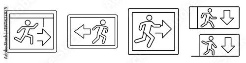 simple black and white line drawing signs of emergency exits with directions