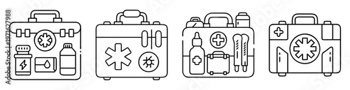 Four diverse stylized first aid kits with essential medical supplies