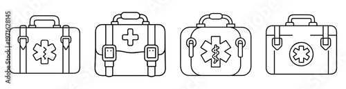Black and white line drawing of four different first aid kits