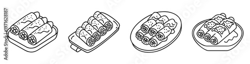 Vector outline illustration of different plates of spring rolls or lumpia