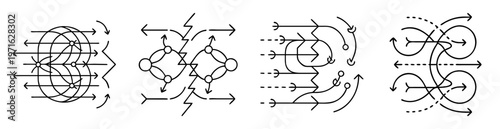 Complex diagrammatic representation of flow, connections, and transformations with arrows and circles