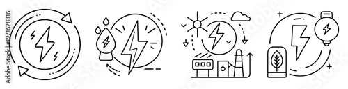 Set of symbols representing alternative renewable energy resources in black outline