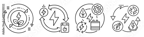 Monochrome line art icons represent various types of sustainable energy production