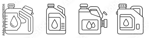 Line art illustration showcasing four oil or fluid container variants with handles
