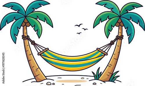 Cartoon illustration of hammock between two palm trees