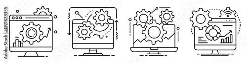 Illustration of data processing, software development and digital automation processes
