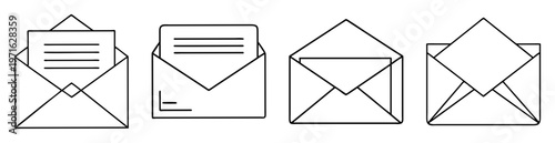 Four black outline envelope icons with letter, open and closed envelopes