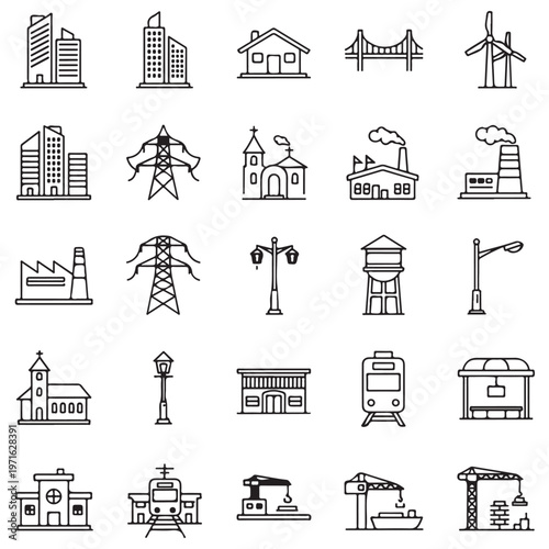Comprehensive set of urban infrastructure and city building line icons featuring industrial, residential, and transportation elements arranged in a clean grid for minimalist web design.