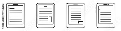 Stylized black and white vector illustration of four ereaders with text