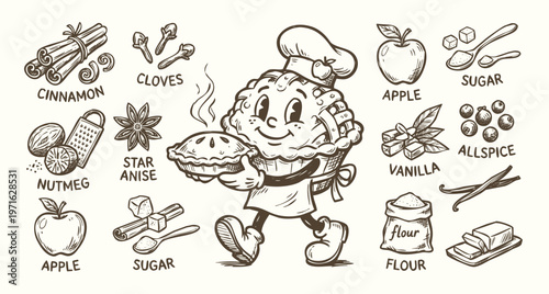 Vintage 1930s Rubber Hose Style Apple Pie Mascot and Baking Doodle Set