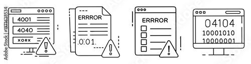Software error messages with exclamation warning icons on various computer screens