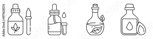 Assorted bottles with droppers and a leaf symbol represent natural medicine line art