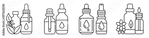 Black and white line art depicting essential oil bottles with natural elements