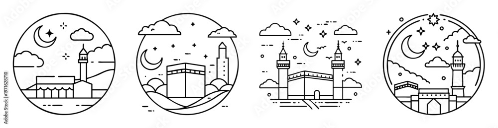 Naklejka premium Four Circular Line Art Depictions of Islamic Landmarks with Celestial Elements