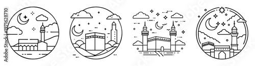 Four Circular Line Art Depictions of Islamic Landmarks with Celestial Elements
