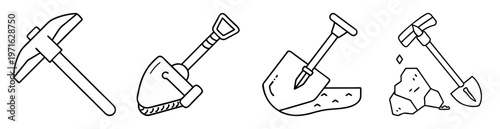 Black and white outline drawing showing mining tools and extraction process