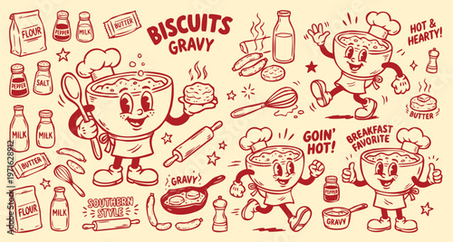 Vintage 1930s Rubber Hose Style Biscuits and Gravy Character and Southern Breakfast Doodle Set