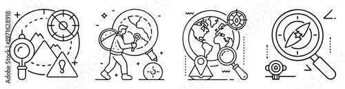 Linear illustrations representing exploration, adventure and discovery across multiple dimensions