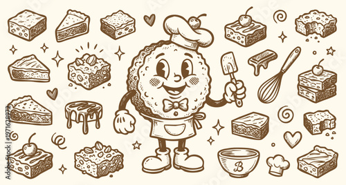 Vintage 1930s Rubber Hose Style Brownie Mascot and Dessert Doodle Set