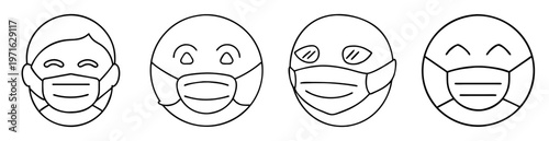 Collection of line art emojis wearing protective face masks during pandemic
