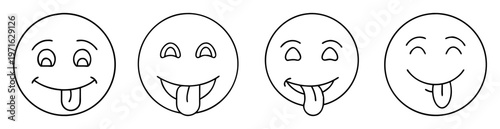 Four simple smiley face outlines with sticking out tongues showing different emotions
