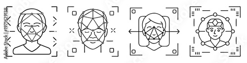 Black and white illustration of facial recognition scan technology process