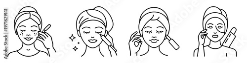 Illustration of a skincare routine featuring women with different beauty tools