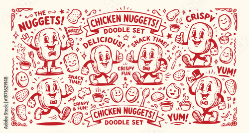 Vintage 1930s Rubber Hose Style Chicken Nuggets Mascot and Fast Food Doodle Set