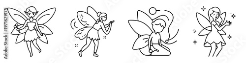 Four adorable black and white illustrations of fantasy fairy figures in various poses