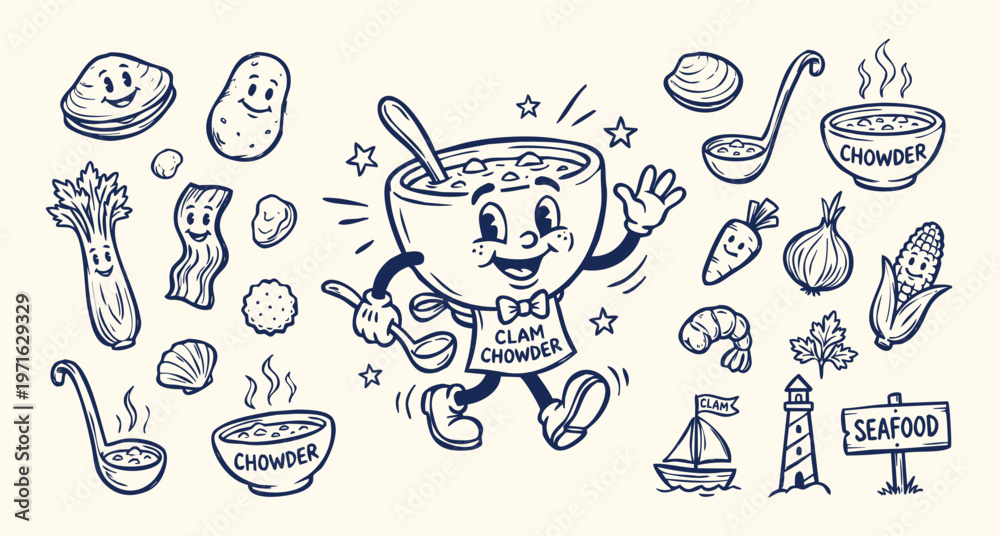 Fototapeta premium Vintage 1930s Rubber Hose Style Clam Chowder Mascot and Seafood Doodle Set