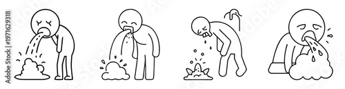 Four stick figures exhibiting signs of nausea and vomiting or experiencing emesis