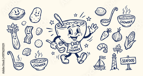 Vintage 1930s Rubber Hose Style Clam Chowder Mascot and Seafood Doodle Set